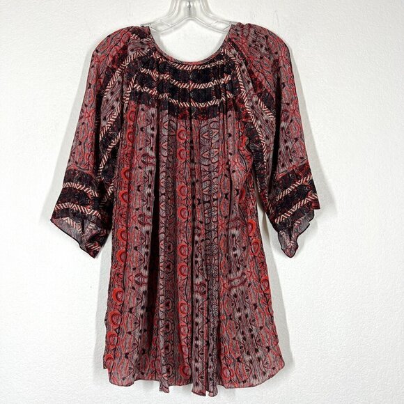 Anthropologie Tunic Blouse Top Flowy Tribal Print Red Black Pullover Small - Picture 4 of 9
